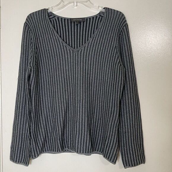 ST. JOHN midnight blue long sleeve silver shimmer stripe knit top size medium - Picture 1 of 6